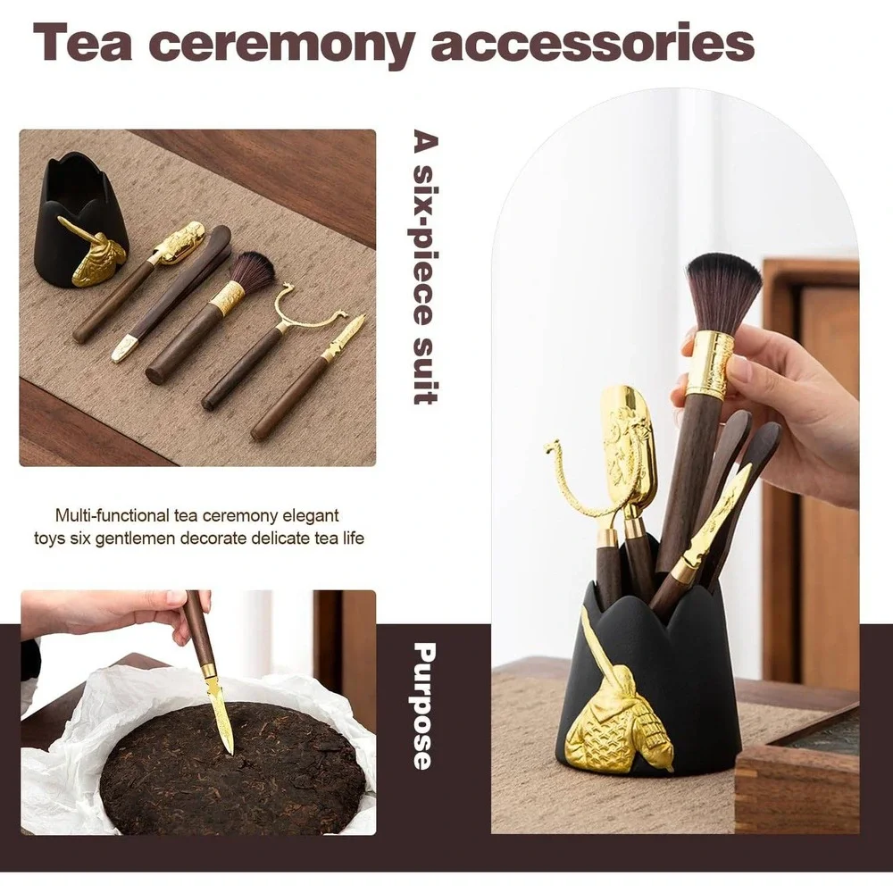 DIF DECO Tea Ceremony Set Ceramic Holder Wood Scoop Needle Clip Brush Gold Black